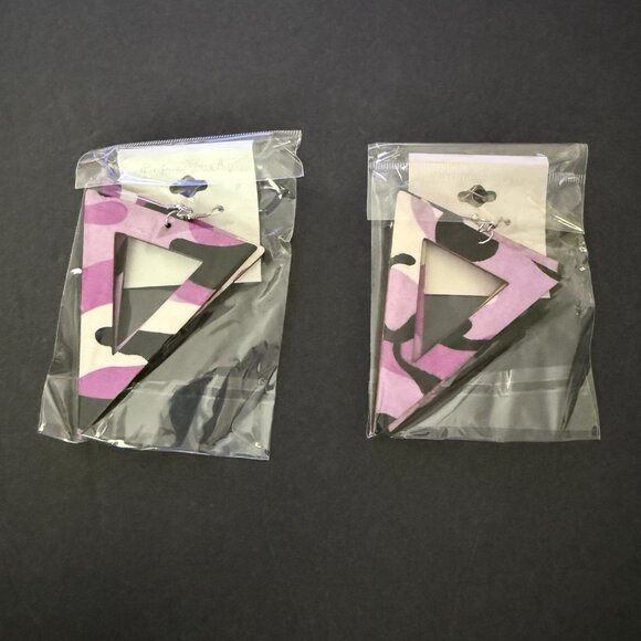 NOC Geometric Purple Camouflage Triangle Wooden Fabric Drop Earrings Lightweight - Picture 4 of 4